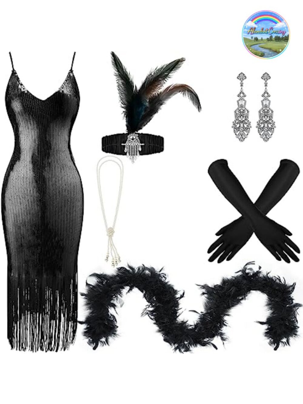 1920s Flapper Costume Accessory Set Sequin Dress Feather Boa 7 Pieces Women's